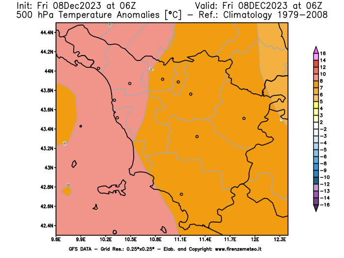 Mappa di analisi GFS - Anomalia Temperatura a 500 hPa in Toscana
							del 8 dicembre 2023 z06
