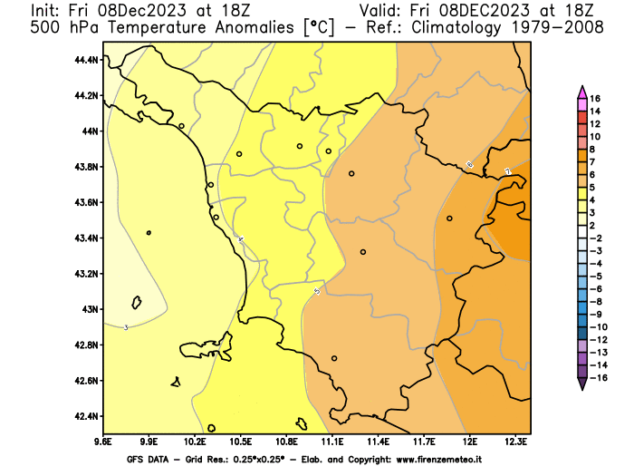 Mappa di analisi GFS - Anomalia Temperatura a 500 hPa in Toscana
							del 8 dicembre 2023 z18