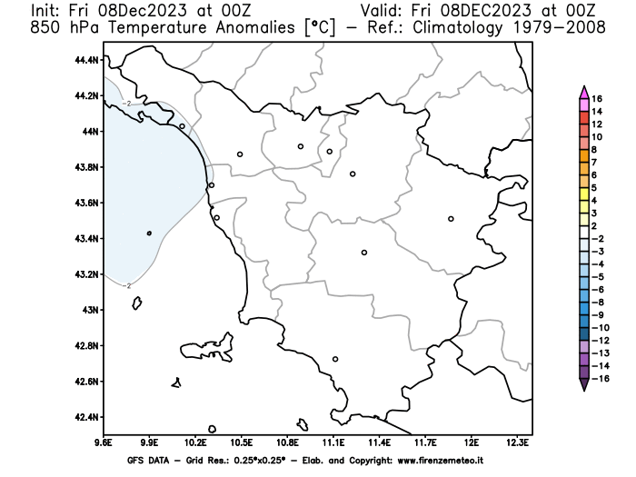 Mappa di analisi GFS - Anomalia Temperatura a 850 hPa in Toscana
							del 8 dicembre 2023 z00