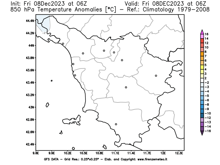 Mappa di analisi GFS - Anomalia Temperatura a 850 hPa in Toscana
							del 8 dicembre 2023 z06