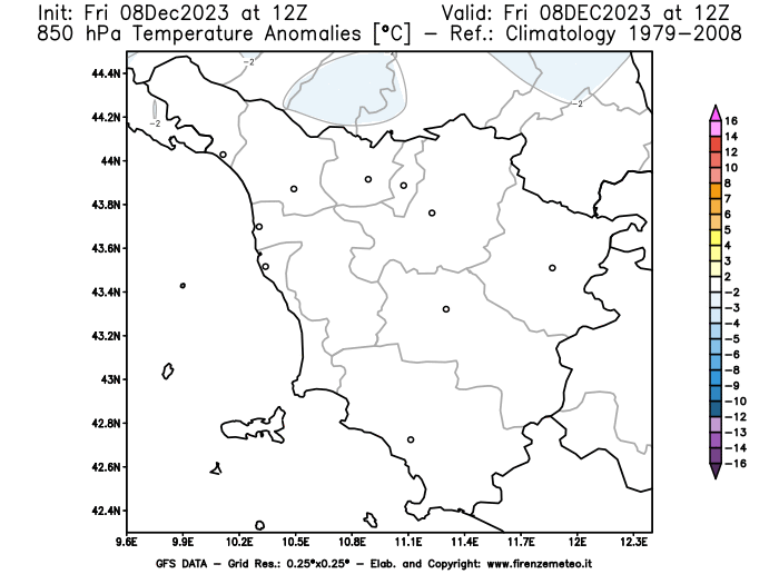 Mappa di analisi GFS - Anomalia Temperatura a 850 hPa in Toscana
							del 8 dicembre 2023 z12