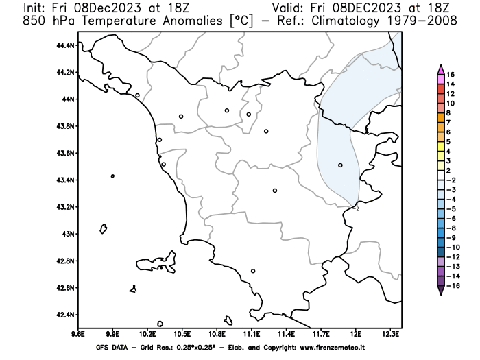 Mappa di analisi GFS - Anomalia Temperatura a 850 hPa in Toscana
							del 8 dicembre 2023 z18
