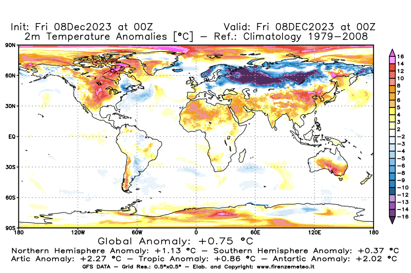 Mappa di analisi GFS - Anomalia Temperatura a 2 m in World
							del 8 dicembre 2023 z00