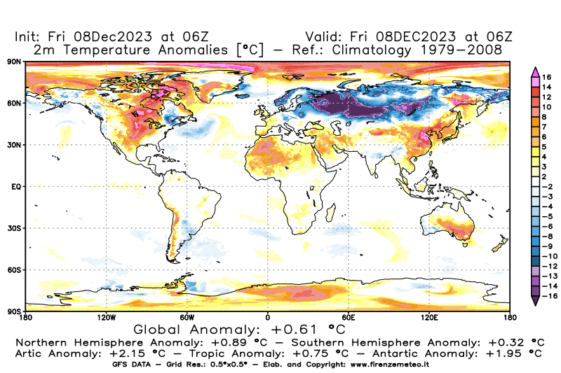 Mappa di analisi GFS - Anomalia Temperatura a 2 m in World
							del 8 dicembre 2023 z06