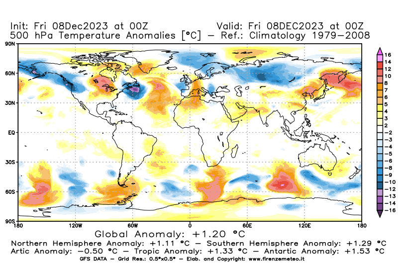 Mappa di analisi GFS - Anomalia Temperatura a 500 hPa in World
							del 8 dicembre 2023 z00