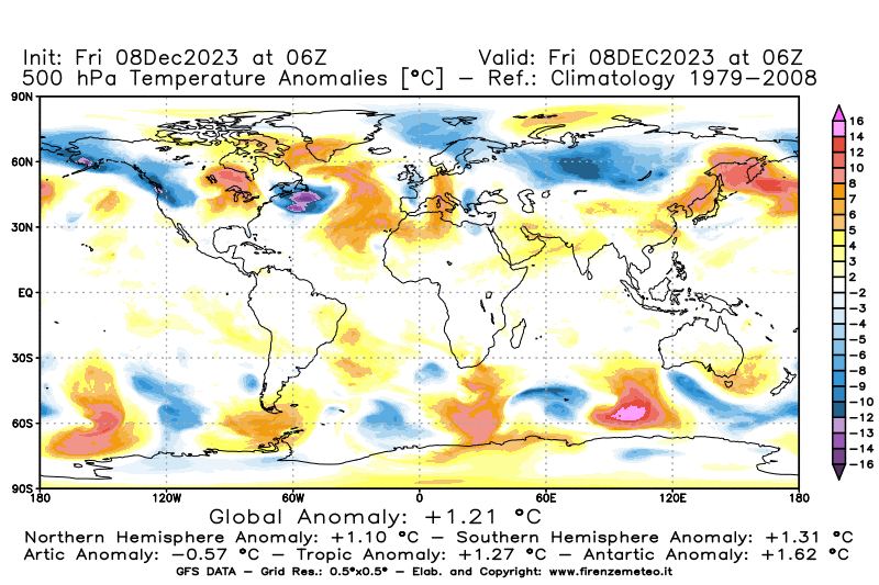Mappa di analisi GFS - Anomalia Temperatura a 500 hPa in World
							del 8 dicembre 2023 z06