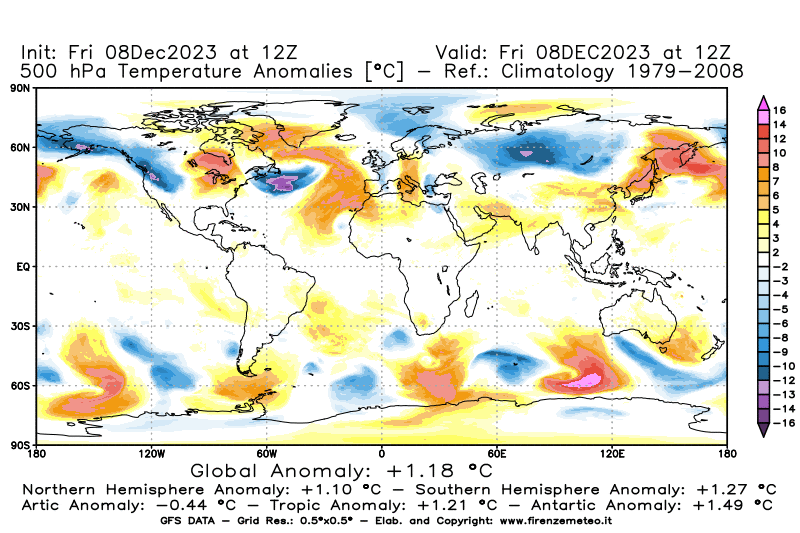 Mappa di analisi GFS - Anomalia Temperatura a 500 hPa in World
							del 8 dicembre 2023 z12