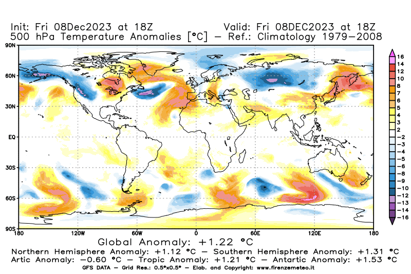 Mappa di analisi GFS - Anomalia Temperatura a 500 hPa in World
							del 8 dicembre 2023 z18