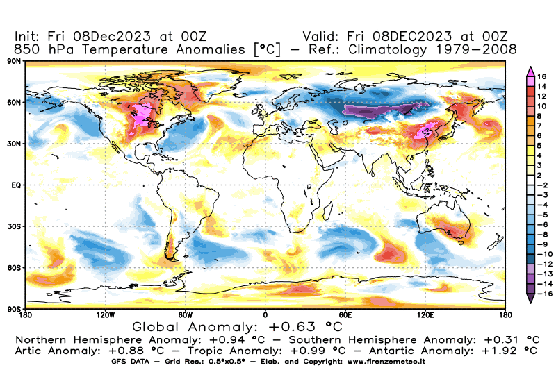 Mappa di analisi GFS - Anomalia Temperatura a 850 hPa in World
							del 8 dicembre 2023 z00