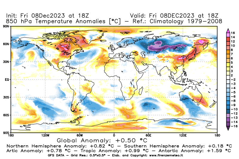 Mappa di analisi GFS - Anomalia Temperatura a 850 hPa in World
							del 8 dicembre 2023 z18