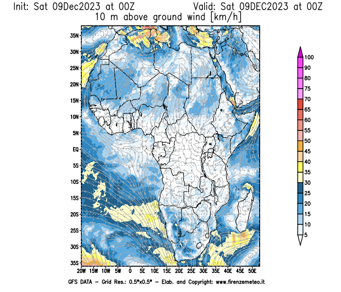 GFS analysi map - Wind Speed at 10 m above ground in Africa
									on December 9, 2023 H00