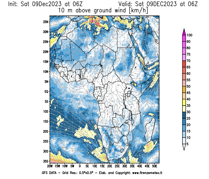 GFS analysi map - Wind Speed at 10 m above ground in Africa
									on December 9, 2023 H06