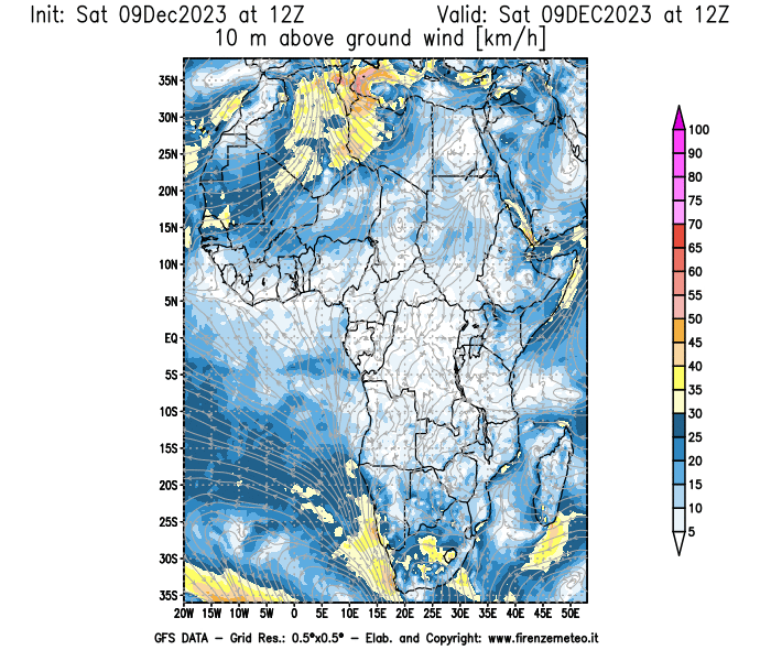 GFS analysi map - Wind Speed at 10 m above ground in Africa
									on December 9, 2023 H12