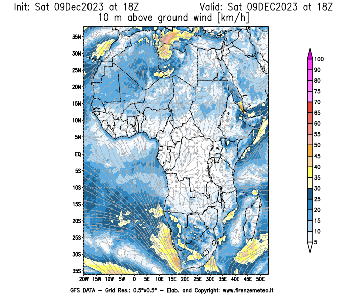 GFS analysi map - Wind Speed at 10 m above ground in Africa
									on December 9, 2023 H18