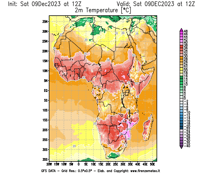 GFS analysi map - Temperature at 2 m above ground in Africa
									on December 9, 2023 H12