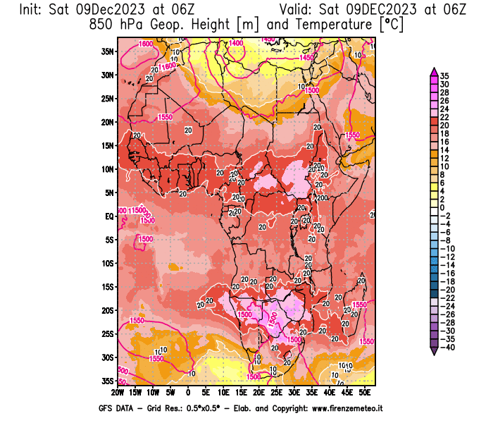 GFS analysi map - Geopotential and Temperature at 850 hPa in Africa
									on December 9, 2023 H06