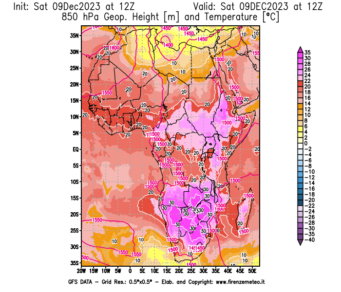 GFS analysi map - Geopotential and Temperature at 850 hPa in Africa
									on December 9, 2023 H12