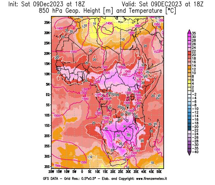 GFS analysi map - Geopotential and Temperature at 850 hPa in Africa
									on December 9, 2023 H18