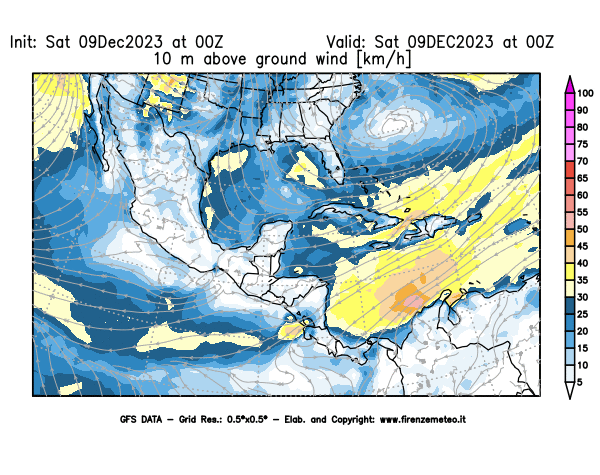 GFS analysi map - Wind Speed at 10 m above ground in Central America
									on December 9, 2023 H00