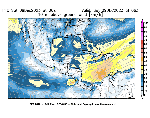 GFS analysi map - Wind Speed at 10 m above ground in Central America
									on December 9, 2023 H06