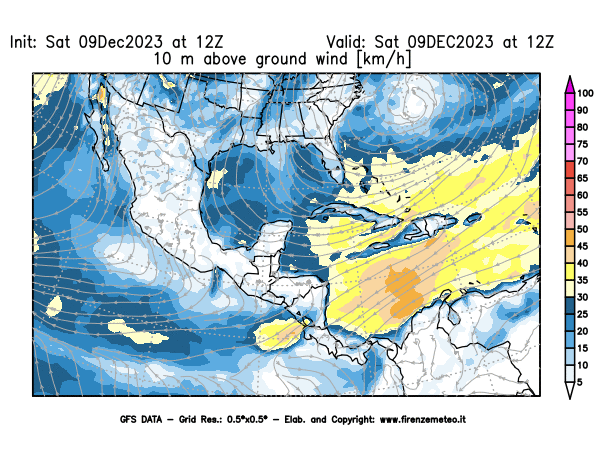 GFS analysi map - Wind Speed at 10 m above ground in Central America
									on December 9, 2023 H12