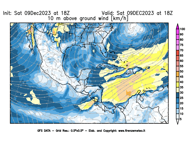GFS analysi map - Wind Speed at 10 m above ground in Central America
									on December 9, 2023 H18