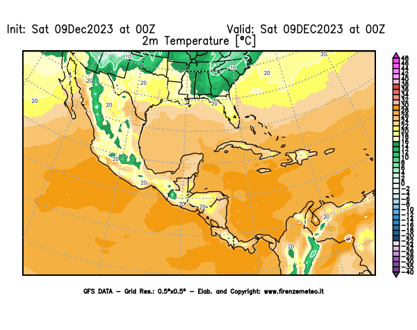 GFS analysi map - Temperature at 2 m above ground in Central America
									on December 9, 2023 H00