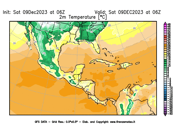 GFS analysi map - Temperature at 2 m above ground in Central America
									on December 9, 2023 H06