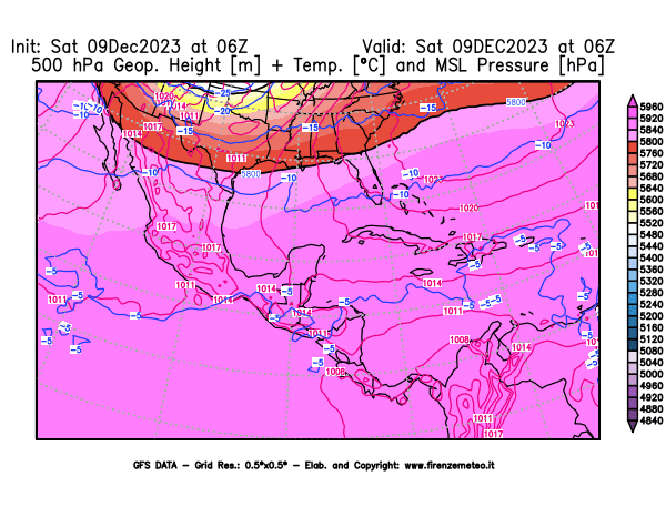 GFS analysi map - Geopotential + Temp. at 500 hPa + Sea Level Pressure in Central America
									on December 9, 2023 H06