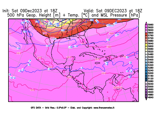 GFS analysi map - Geopotential + Temp. at 500 hPa + Sea Level Pressure in Central America
									on December 9, 2023 H18