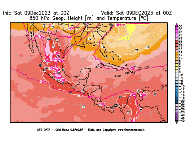 GFS analysi map - Geopotential and Temperature at 850 hPa in Central America
									on December 9, 2023 H00