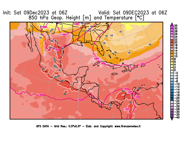 GFS analysi map - Geopotential and Temperature at 850 hPa in Central America
									on December 9, 2023 H06