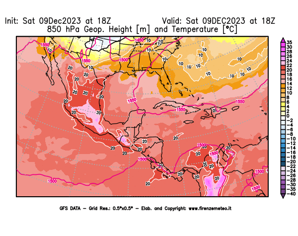 GFS analysi map - Geopotential and Temperature at 850 hPa in Central America
									on December 9, 2023 H18