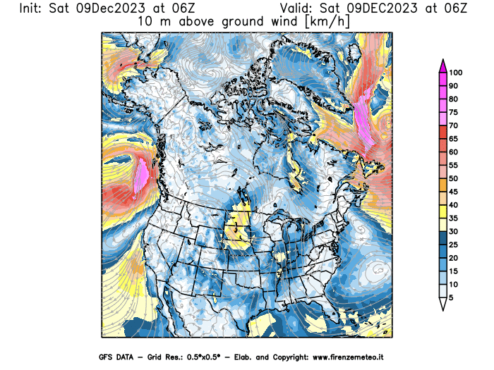 GFS analysi map - Wind Speed at 10 m above ground in North America
									on December 9, 2023 H06
