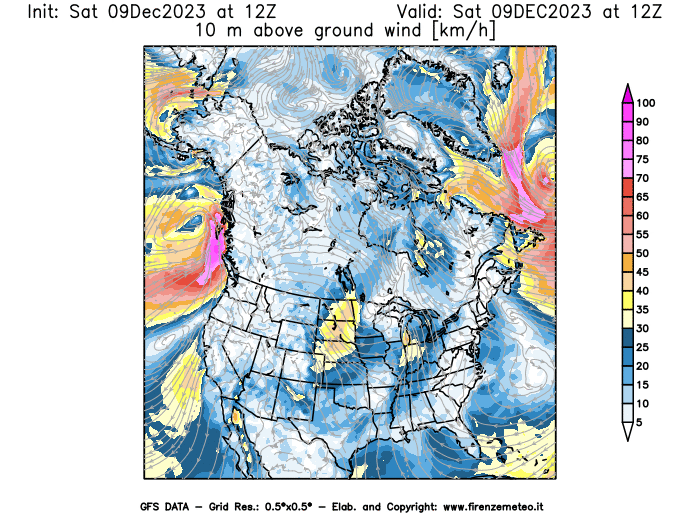 GFS analysi map - Wind Speed at 10 m above ground in North America
									on December 9, 2023 H12