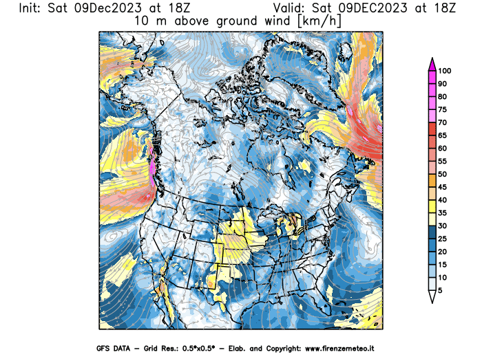 GFS analysi map - Wind Speed at 10 m above ground in North America
									on December 9, 2023 H18