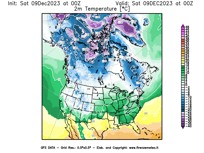 GFS analysi map - Temperature at 2 m above ground in North America
									on December 9, 2023 H00