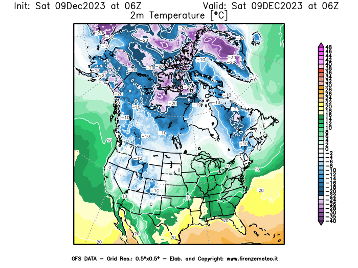 GFS analysi map - Temperature at 2 m above ground in North America
									on December 9, 2023 H06