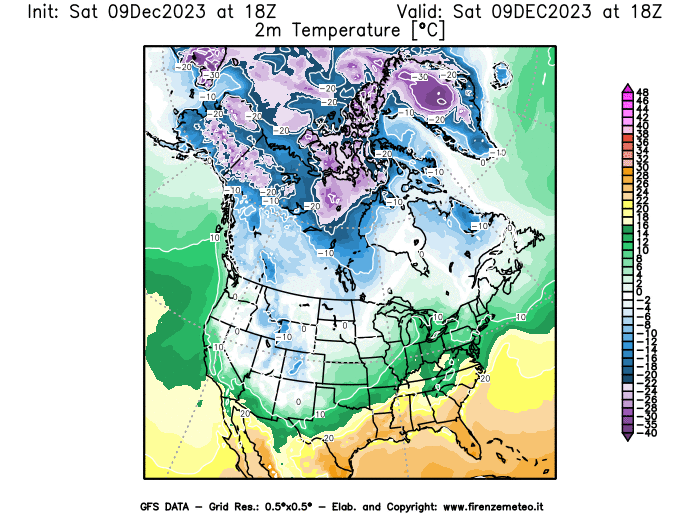 GFS analysi map - Temperature at 2 m above ground in North America
									on December 9, 2023 H18