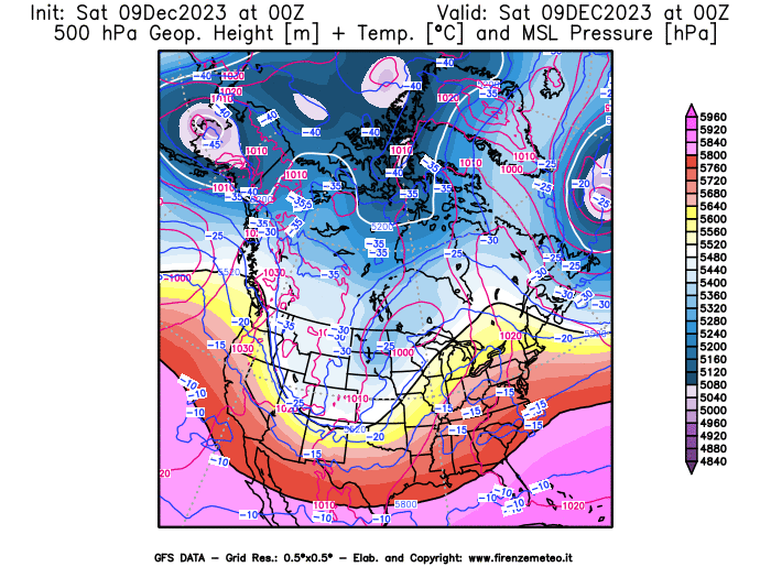 GFS analysi map - Geopotential + Temp. at 500 hPa + Sea Level Pressure in North America
									on December 9, 2023 H00
