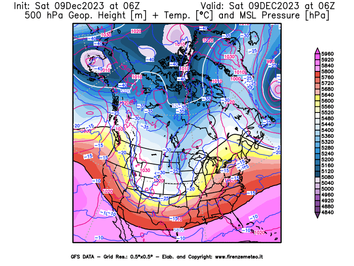 GFS analysi map - Geopotential + Temp. at 500 hPa + Sea Level Pressure in North America
									on December 9, 2023 H06