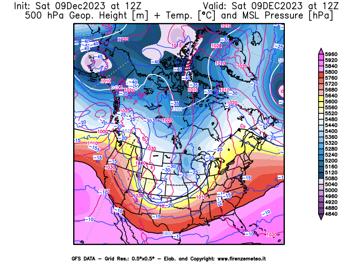 GFS analysi map - Geopotential + Temp. at 500 hPa + Sea Level Pressure in North America
									on December 9, 2023 H12