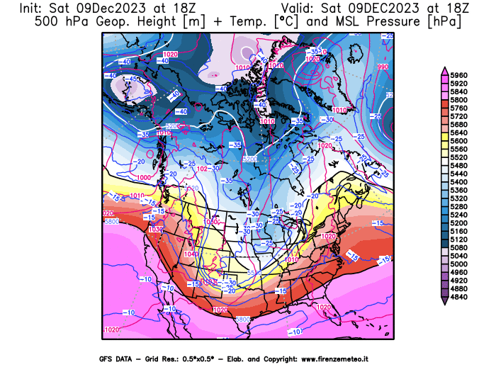 GFS analysi map - Geopotential + Temp. at 500 hPa + Sea Level Pressure in North America
									on December 9, 2023 H18
