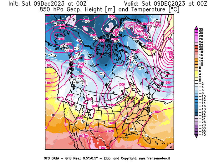GFS analysi map - Geopotential and Temperature at 850 hPa in North America
									on December 9, 2023 H00