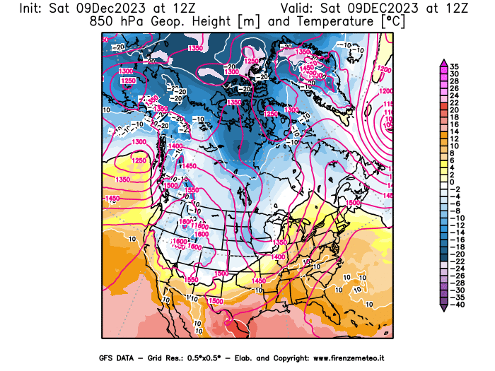 GFS analysi map - Geopotential and Temperature at 850 hPa in North America
									on December 9, 2023 H12