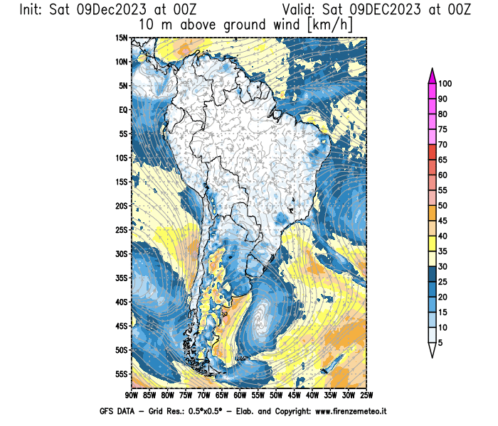 GFS analysi map - Wind Speed at 10 m above ground in South America
									on December 9, 2023 H00