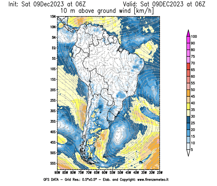 GFS analysi map - Wind Speed at 10 m above ground in South America
									on December 9, 2023 H06