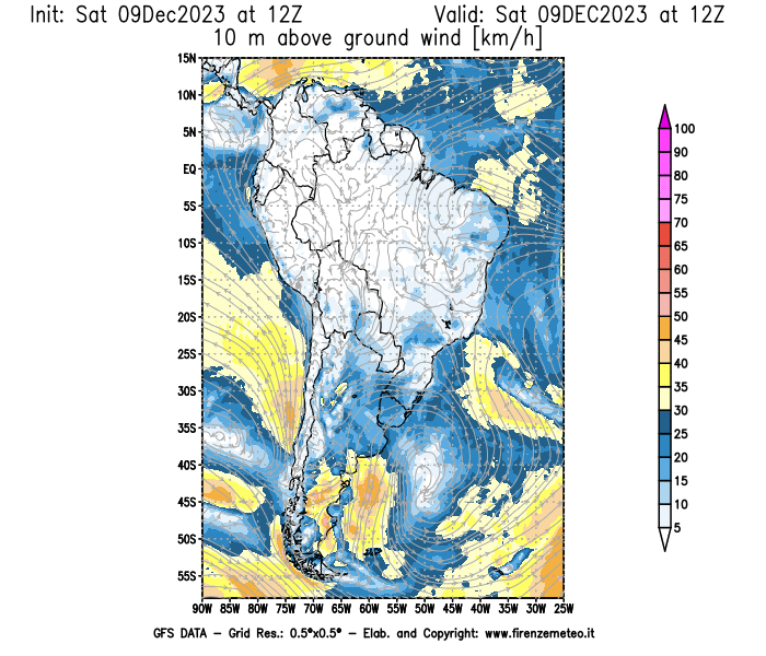 GFS analysi map - Wind Speed at 10 m above ground in South America
									on December 9, 2023 H12