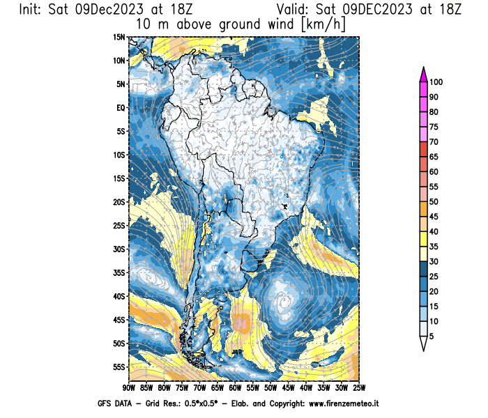 GFS analysi map - Wind Speed at 10 m above ground in South America
									on December 9, 2023 H18