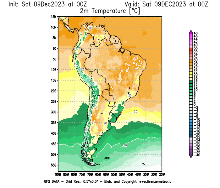 GFS analysi map - Temperature at 2 m above ground in South America
									on December 9, 2023 H00